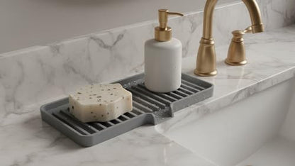Silicone Soap Dish Tray and Sponge Holder with Drain Chute, Rectangular, Kitchen and Bathroom Sink Organizer (Smoky Blue, 9"x3.5") - color: Smoky Blue, size: (MD) 9"x3.5"