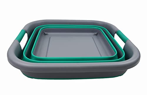 SAMMART Collapsible Plastic Laundry Basket with Wheels 39L (10.3 Gallons) -Foldable Pop Up Storage Container for Laundry, Camping & Home (1, Dark Grey/Bluish-Green) - color: Dark Grey/Bluish-Green