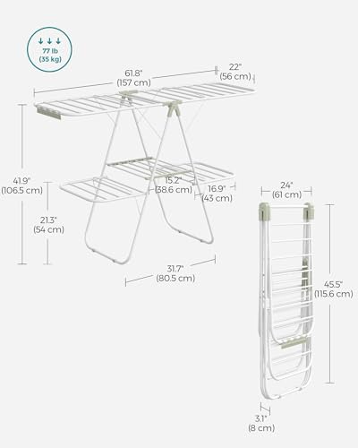 SONGMICS Clothes Drying Rack, Foldable 2-Level Stee Laundry Drying Rack - color: White + Green, size: 2 Tiers（22"d x 61.8"w x 64.3''h )