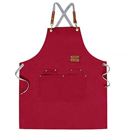 Chef Apron,Cross Back Apron for Men Women with Adjustable Straps and Large Pockets,Canvas,M-XXL (Red) - color: Red