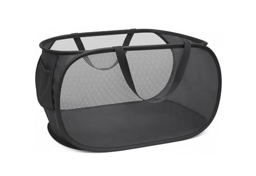 Collapsible Laundry Hamper Basket,Pop Up Mesh Foldable Bag for Laundry Room - color: Black