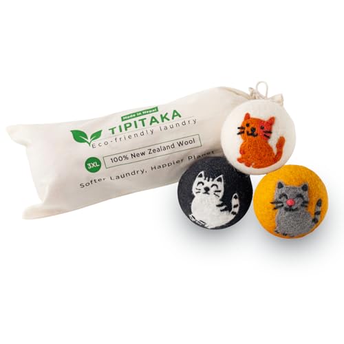 Laundry Wool Dryer Balls | Natural Fabric Softener – Reusable, Eco-Friendly, Reduces Drying Time – Wool Balls Replaces Dryer Sheets - 3 XL Pack - Laundry Balls for Dryer - color: Cutie Cat (Type 2) 3xl