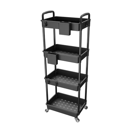 4 Tier Rolling Utility Cart with Handle,REBECAT Utility Cart Made of Multifunctional Storage Organizer Tool for Kitchen,Bathroom,Living Room,Office(Black) - color: Black