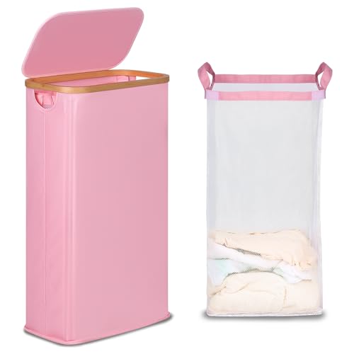 efluky Slim Laundry Basket with Lid, Narrow Laundry Hamper with Removable Bag, Skinny Dirty Clothes Basket with Bamboo Handles for Bathroom, Bedroom & Laundry Room, 63L Pink - color: Pink, size: 63L