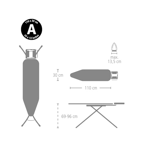 Brabantia Compact Ironing Board with Left/Right Adjustable Steam Iron Rest | Small (Size A) | Fairtrade Denim Gray Cover | Adjustable Height (27-38"), Easy Fold, Anti-Collapse Lock, Non-Slip Feet