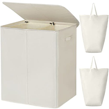 WOWLIVE 154L Double Laundry Hamper 2 Section with Lid and Removable Bags - color: Beige, size: 154l (24.8x 14.2 X 26.8 Inches)