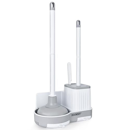 BOOMJOY Toilet Brush and Plunger Set with Crevice Cleaning Brush, White Plunger and Brush Combo with Hidden Holder, Bathroom Plunger and Toilet Bowl Brush Set Heavy Duty