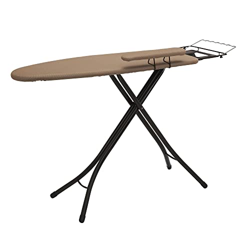 Household Essentials Mega Ironing Board, 4-Leg, Steel Top Pressing Station, Heat-Resistant Fiber Pad and Polyester Cover, Includes Sleeve Board and Iron Rest with Hanger Bar, Bronze Frame - color: Brown/Bronze, size: 49" L, style: With iron station