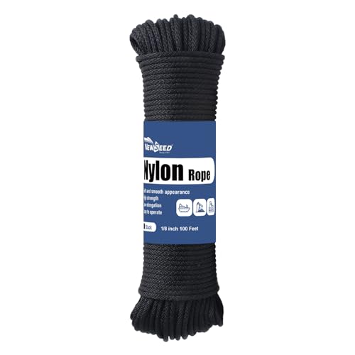 NEWSEED 100 Ft 1/8 Inch Nylon Rope Heavy Duty Utility Rope (Black) - size: 1/8 In x 100FT, style: Black