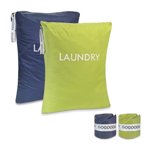 GOGOODA Travel Laundry Bags Reusable Dirty Clothes Bag with Handle - color: Navy Blue & Green