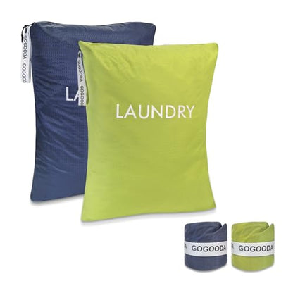 GOGOODA Travel Laundry Bags Reusable Dirty Clothes Bag with Handle - color: Navy Blue & Green