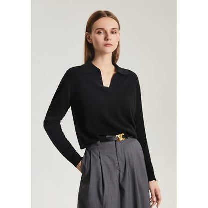 GreenMount Women's Deep V-Polo Casual Loose Cashmere Sweater Pullover Lapel Long Sleeve for Women Keep 37.5° Warm - color: Black, size: X-Large