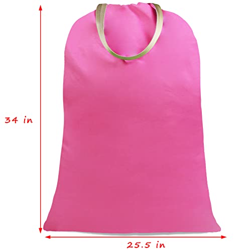 Sanlykate Large Canvas Cotton Laundry Bag with Drawstring & Handles, Heavy Duty Durable Dirty Clothes Organizer, Tear Resistant Hamper Liner Storage Bag, Travel Sack, 25.5 x 34inch - Deep Pink - color: Deep pink