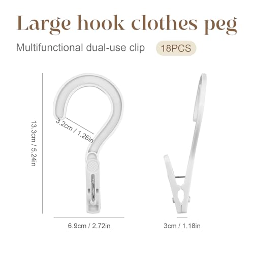18 Heavy-Duty Clothes Pegs with Hooks - White Multi-Purpose Clips