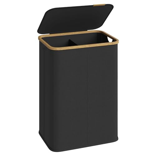 SONGMICS Laundry Hamper with Lid, 140L Laundry Basket, Bamboo Frame - color: Ink Black, size: 140 L (2-Section)