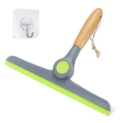 Shower Squeegee for Glass Doors, Car Window Squeegee with Wooden Handle and Hook, Squeegee for Shower Glass Door and Tile (Grey, Green)