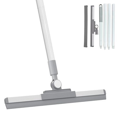 Floor Squeegee Broom - 52" Long Handle Rubber Scrubber for Bathroom, Tile, Shower, Glass, Pet Hair, Hardwood Floor - Adjustable Long Handle, Water Wiper with Replacement Blade (White)
