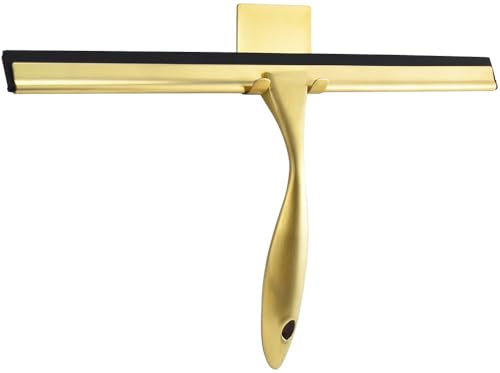 OPERNEE Shower Squeegee with Self Adhesive Hook, 12 Inches Stainless Steel Squeegee Cleaner, All-Purpose Window Scraper for Bathroom Doors, Mirror, Windows and Car Glass, Brushed Gold