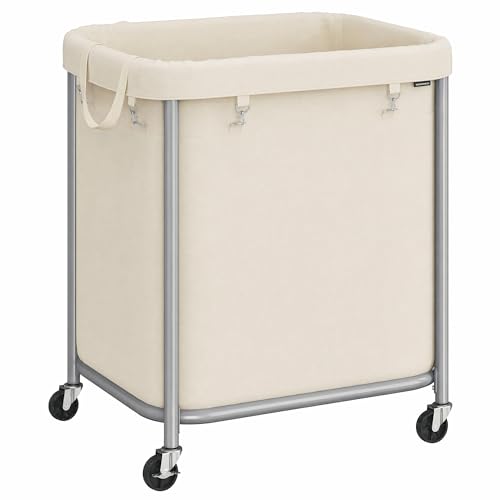 SONGMICS Laundry Basket with Wheels, 170L, Steel Frame, Removable Bag - color: Dove Gray + Cream White, size: 140 L (2-Section)