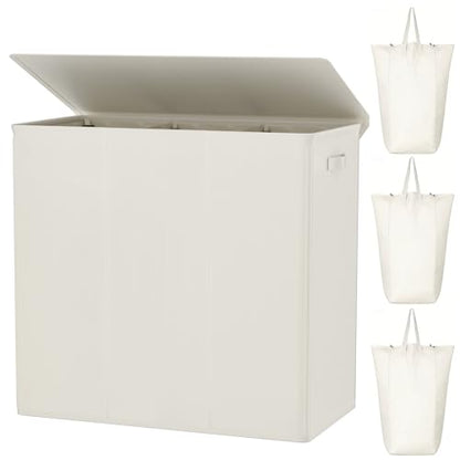 WOWLIVE 180L Laundry Hamper 3 Section, Large Laundry Basket with Lid - color: Beige, size: 180l (31.5"L x 12.5"W x 28"H)