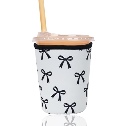 Reusable Insulated Sleeve for Iced Coffee Cup, Coffee Neoprene Sleeve for Cold & Hot Drinks, Beverage Holder for Iced Coffee (Black Bow, Small: 16-18oz) - color: Black Bow, size: Small: 16-18oz