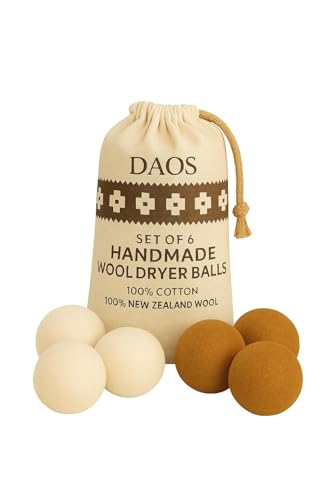 Wool Dryer Balls – Pack of 6 (3 White + 3 Brown) with Storage Bag – 100% New Zealand Wool – Reusable, Eco-Friendly Natural Laundry Dryer Balls for Faster Drying