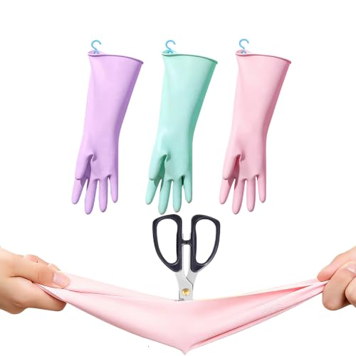Dishwashing Gloves Reusable Cleaning Gloves Durable and Comfortable with Hooks, Pink, Purple, Green, 3 Pairs - size: Small