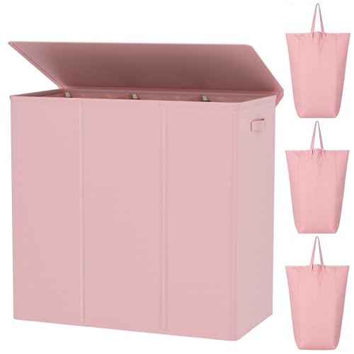 WOWLIVE 180L Laundry Hamper 3 Section, Large Laundry Basket with Lid - color: Pink, size: 180l (31.5"L x 12.5"W x 28"H)