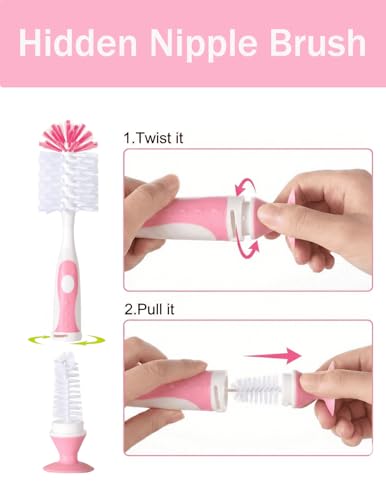 Baby Bottle Brush Set with Suction Base, Hidden Cleaner & Straw Brush, Pink - color: Pink