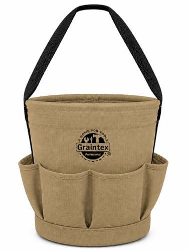 Graintex Tapered Canvas Bucket 12"x10"x15", Utility Tool Bucket 6 Pockets Outside, Reinforced Base & Carry Handle, Ripstop Canvas, Multi-Purpose Bag for Jobsite & Home Use - color: Khaki