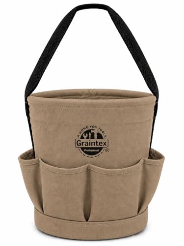 Graintex Tapered Canvas Bucket 12"x10"x15", Utility Tool Bucket 6 Pockets Outside, Reinforced Base & Carry Handle, Ripstop Canvas, Multi-Purpose Bag for Jobsite & Home Use - Beige - color: Beige