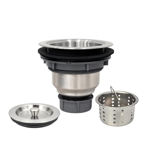 Kitchen Sink Drain Assembly Kit, 3-1/2 Inch Brushed 304 Stainless Steel Basket Strainer with Deep Removable Basket, Stopper & Cover Lid, Fits Standard Kitchen Sinks - color: Brushed