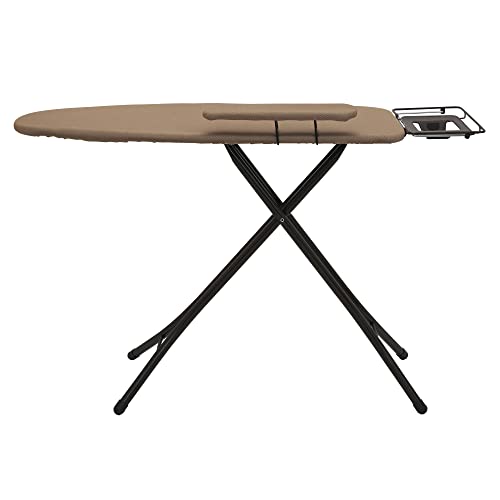 Household Essentials Mega Ironing Board, 4-Leg, Steel Top Pressing Station, Heat-Resistant Fiber Pad and Polyester Cover, Includes Sleeve Board and Iron Rest with Hanger Bar, Bronze Frame - color: Brown/Bronze, size: 49" L, style: With iron station