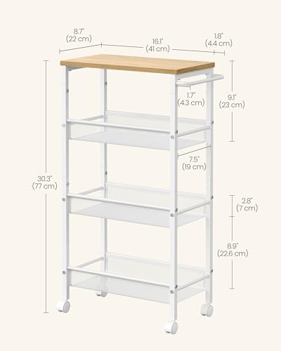 VASAGLE 4-Tier Slim Rolling Storage cart with Wheels, 8.7 Inches, Metal - color: Oak Beige + Classic White, size: 4 Tiers (8.7"D x 30.3"H)