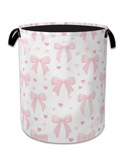 Cute Pink Bow Laundry Basket,Foldable Oxford Cloth Heart Laundry Hamper with Handles, 20.8"x16" Tote Bag Clothes Storage Bucket for Laundry Room/Bathroom/Bedroom/Dormitories - color: Cute Pink Bow Heart