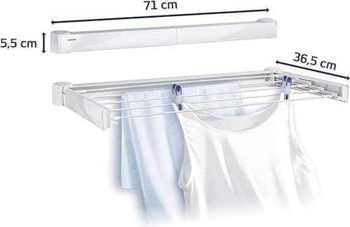 Leifheit Telegant 30 Protect Wall Dryer – Foldable Indoor/Outdoor Clothes Drying Rack with 5 x 60 cm Bars, 3m Drying Space, Compact & Sturdy Laundry Airer, White, Easy Wall-Mount Design - size: 3 m