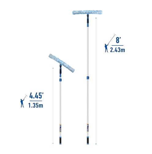 Unger Professional Connect and Clean 18” Grip Microfiber Window Scrubber with 8’ Pole, High-Access Glass Surface Household Cleaning Supplies and Tools, Reusable Microfiber Sleeve