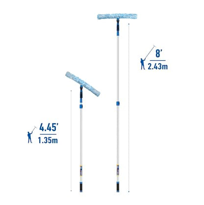 Unger Professional Connect and Clean 18” Grip Microfiber Window Scrubber with 8’ Pole, High-Access Glass Surface Household Cleaning Supplies and Tools, Reusable Microfiber Sleeve