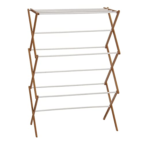 Household Essentials Bamboo Folding Clothes Drying Rack | White Finish, 11 Dowels & Flat Drying Shelf | Eco-Friendly, Collapsible Laundry Rack for Dorms, Apartments & Small Spaces | Fully Assembled - style: Free Standing