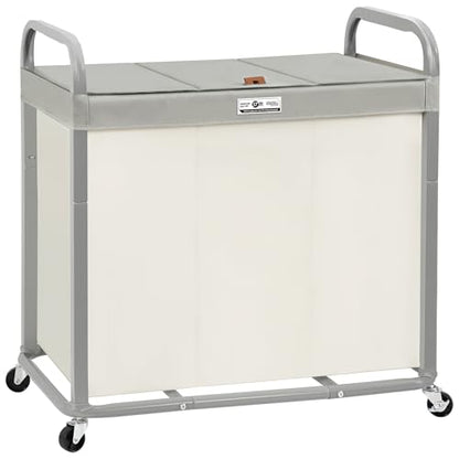 STORAGE MANIAC Laundry Hamper 3 Section with Lid Rolling Laundry Basket - color: Beige