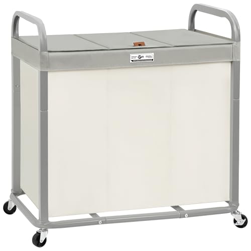 STORAGE MANIAC Laundry Hamper 3 Section with Lid Rolling Laundry Basket - color: Beige