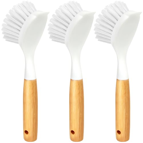 Holikme 3 Pack Dish Brush with Bamboo Handle Cleaning Brush,White - color: White