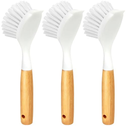 Holikme 3 Pack Dish Brush with Bamboo Handle Cleaning Brush,White - color: White