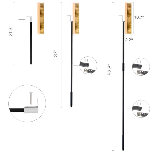 Large Pizza Oven Brush with Scraper, 10.7" Length Brass Bristles Grill Brush with 37 or 52.8 Inch Long Handle, Backyard Pizza Oven Accessories