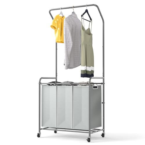 ROMOON Rolling Laundry Basket Organizer with Hanging Clothes Rack: 3 Section Laundry Hamper Sorter with Hanging Bar and Heavy-duty Lockable Wheels - Clothes Rack with Laundry baskets, 2025 Upgrade