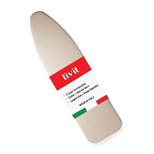 TIVIT Ironing Board Cover 18 x 50 Wide Chemical Free Eco-Friendly Padded Covers - Unbleached, Untreated Natural Cotton & Wool Pad - 2 Layer, 3 Fastener Straps, Pull Bungee Cord - Made in Italy - size: 18x50