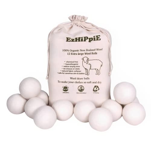 Ezhippie Quality Wool Dryer Balls - 12 XL Pack - 1000+ Loads - Pure Organic Wool - Reusable Natural Fabric Softener Perfect with Essential Oils, Reduce Clothing Static and Wrinkles - color: 12 Plain Balls