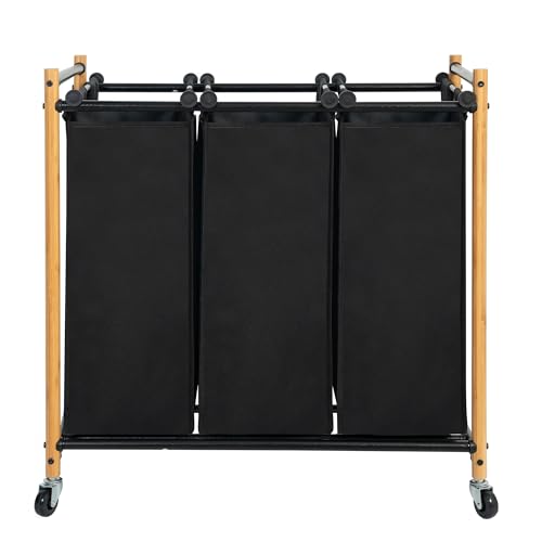Laundry Sorter Hamper with Wheels, Heavy-Duty Laundry Basket Sorter Rolling Cart with Lockable Wheels and Removable Bags, Laundry Cart 3 Sections, Bamboo
