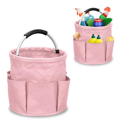 17L Cleaning Caddy with Handle, Foldable Cleaning Supply Caddy with 6 Pockets Cleaning Caddy Bag for Outdoor Camping Garden Harvest Basket Bathroom Storage (Pink) - color: Pink