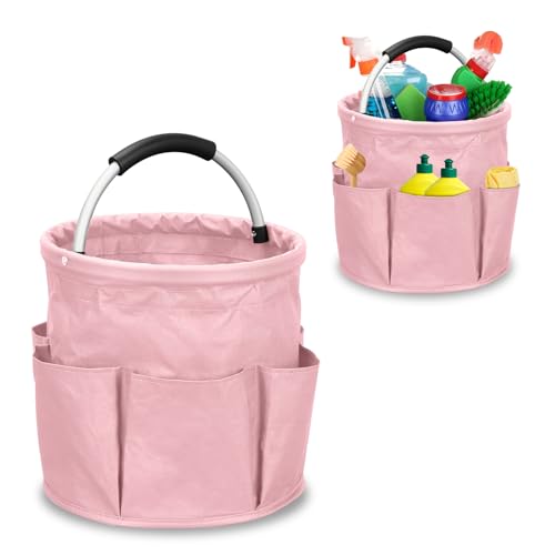 17L Cleaning Caddy with Handle, Foldable Cleaning Supply Caddy with 6 Pockets Cleaning Caddy Bag for Outdoor Camping Garden Harvest Basket Bathroom Storage (Pink) - color: Pink